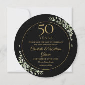 Save The Date 50e Anniversaire de Mariage Rond Noir Or et Feuill (Devant)