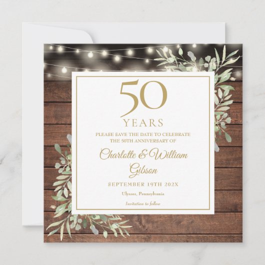 Save The Date 50e anniversaire Foliage Rustique Lumières en bois (Devant)