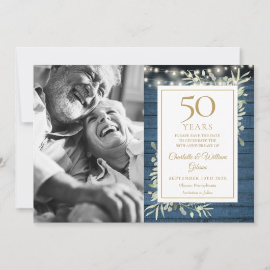 Save The Date 50e anniversaire Rustic Lights Green Photo (Devant)