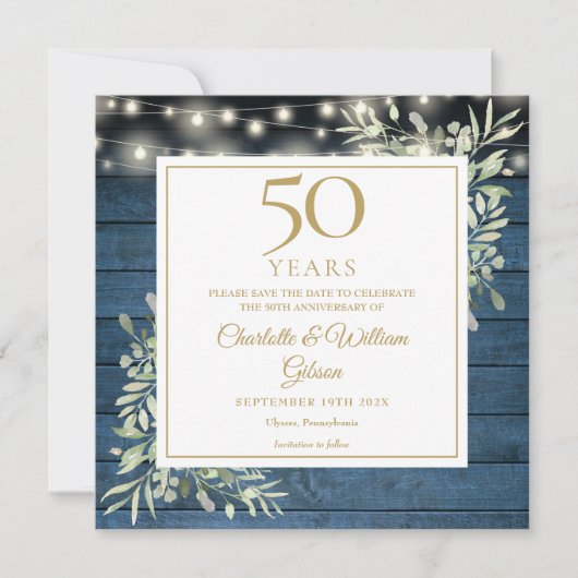 Save The Date 50e anniversaire Rustic Wood Lights Foliage Carré (Devant)
