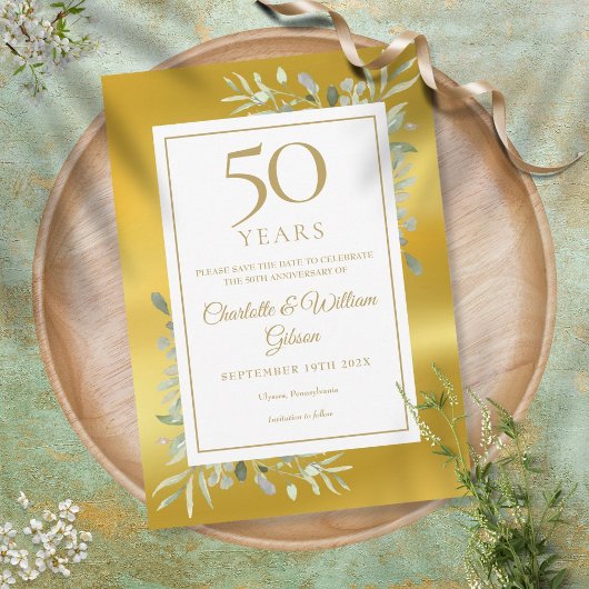 Save The Date 50e Wedding Anniversary Greenery Gold Foil