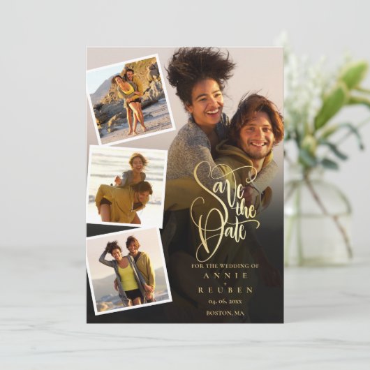 Save The Date 5 Photo Collage Mariage Gold Script (Debout devant)