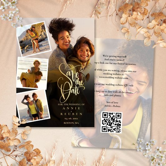 Save The Date 5 Photo Collage Mariage Gold Script QR Code