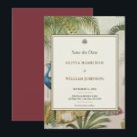 Save The Date 5x7 Burgandy Tropical Peacock Mariage<br><div class="desc">Annoncez votre célébration en style avec cette Tropical Peacock Palm Wedding Enregistrer la carte Date. Conçue en format 5x7, cette carte élégante présente un décor botanique luxuriant avec des feuilles de palmiers, des plumes de paon et des accents d'or, encadrée par un panneau en ivoire raffiné avec des doubles bordures....</div>