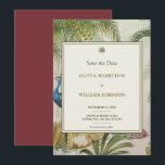 Save The Date 5x7 Burgandy Tropical Peacock Mariage<br><div class="desc">Annoncez votre célébration en style avec cette Tropical Peacock Palm Wedding Enregistrer la carte Date. Conçue en format 5x7, cette carte élégante présente un décor botanique luxuriant avec des feuilles de palmiers, des plumes de paon et des accents d'or, encadrée par un panneau en ivoire raffiné avec des doubles bordures....</div>