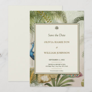 Save The Date 5x7 ivoire Tropical Peacock Palm Mariage
