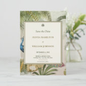 Save The Date 5x7 Olive Green Tropical Peacock Palm Mariage (Debout devant)