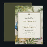 Save The Date 5x7 Olive Green Tropical Peacock Palm Mariage<br><div class="desc">Annoncez votre célébration en style avec cette Tropical Peacock Palm Wedding Enregistrer la carte Date. Conçue en format 5x7, cette carte élégante présente un décor botanique luxuriant avec des feuilles de palmiers, des plumes de paon et des accents d'or, encadrée par un panneau en ivoire raffiné avec des doubles bordures....</div>