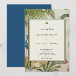 Save The Date 5x7 Peacock Blue Tropical Peacock Palm Mariage