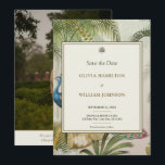 Save The Date 5x7 Photo Tropical Peacock Palm Mariage<br><div class="desc">Annoncez votre célébration en style avec cette Tropical Peacock Palm Wedding Enregistrer la carte Date. Conçue en format 5x7, cette carte élégante présente un décor botanique luxuriant avec des feuilles de palmiers, des plumes de paon et des accents d'or, encadrée par un panneau en ivoire raffiné avec des doubles bordures....</div>