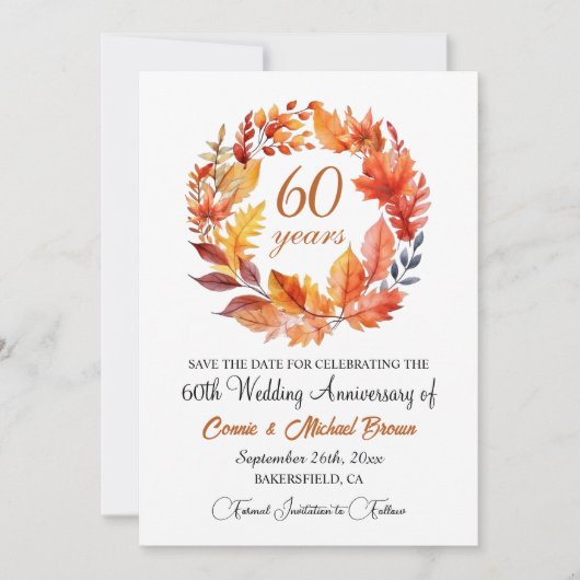 Save The Date 60e anniversaire de Mariage Élégant automne floral (Devant)
