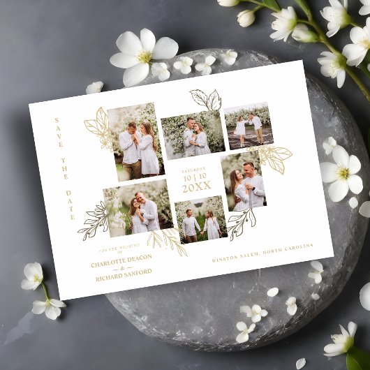 Save The Date 6 Photos Collage Wedding Botanical Branches Frame