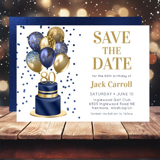 Save The Date 80e anniversaire Marine Blue Balloon Cake