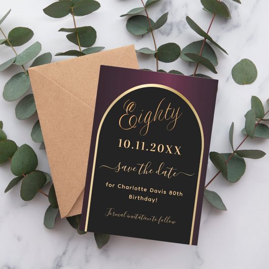 Save The Date 80e anniversaire noir bordeaux or arc