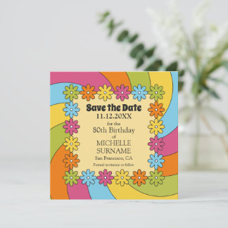 Save The Date 80th Birthday Retro 60s Music Groovy Party 