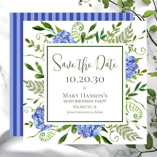 Save The Date 90e anniversaire Blue Hydrangeas