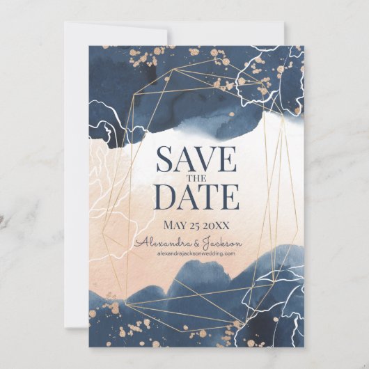 Save The Date Abstrait Bleu Blush Or Aquarelle Luxe (Devant)