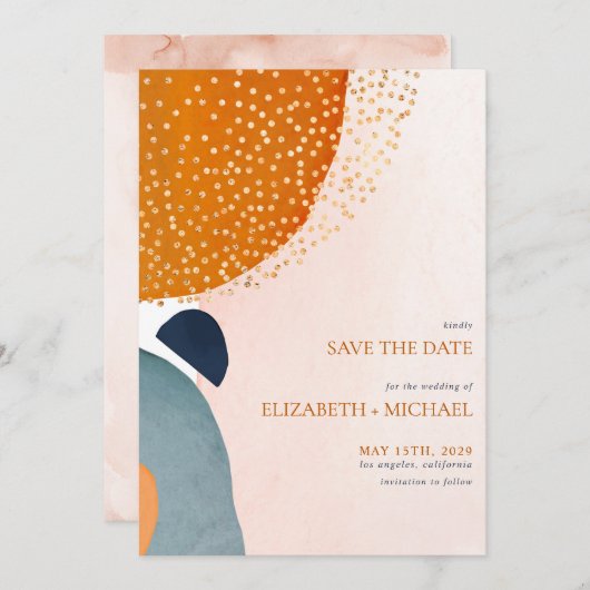Save The Date Abstrait Blush Pink Navy Blue Terracotta Mariage (Devant / Derrière)
