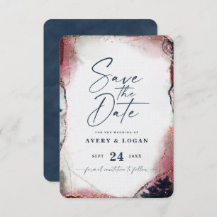 Save The Date Abstrait Ethereal Bourgogne & Mariage bleu marine