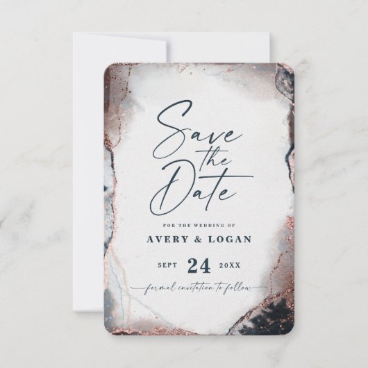 Save The Date Abstrait Ethereal Navy & Rose Gold Mariage (Devant)