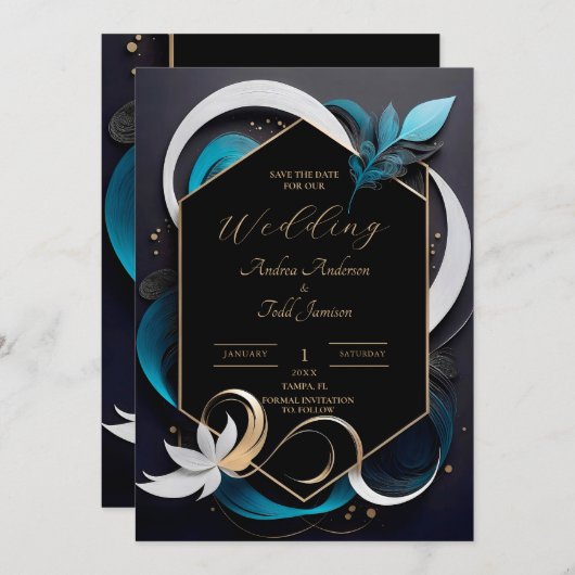 Save The Date Abstrait moderne élégant turquoise, blanc, mariage (Devant / Derrière)