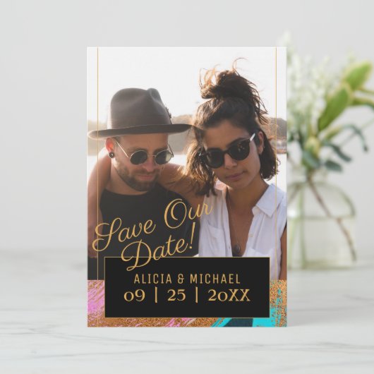 Save The Date Abstrait moderne peinture or script photo mariage (Debout devant)