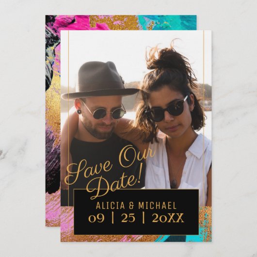 Save The Date Abstrait moderne peinture or script photo mariage (Devant / Derrière)
