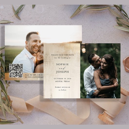 Save The Date Abstrait neutre en or | Code QR de mariage élégant