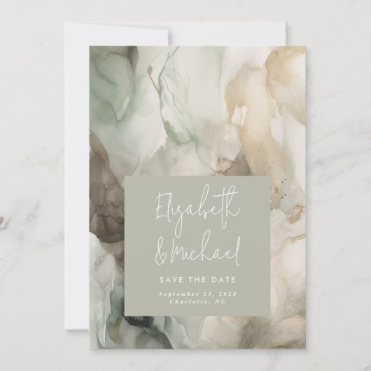 Save The Date Abstrait Peint moderne Sage Vert Photo Mariage (Devant)