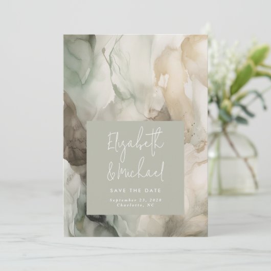 Save The Date Abstrait Peint moderne Sage Vert Photo Mariage (Debout devant)