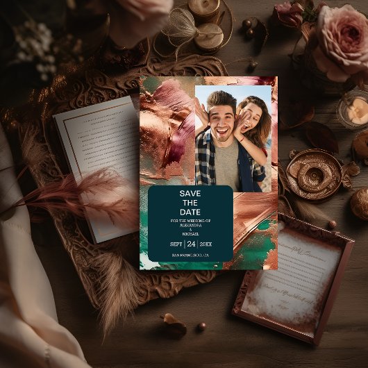 Save The Date Abstrait rose vert émeraude mariage or