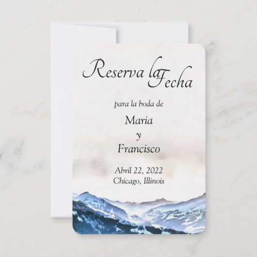 Save The Date Acuarela de Montaña Brumosa Azul Reserva la Fecha (Devant)