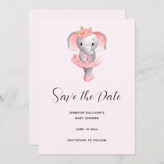 Save The Date Adorable Ballerina Elephant En Pointe (Devant / Derrière)
