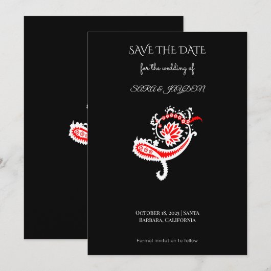 Save The Date Affiche à motif Paisley – Conception florale d'art (Devant / Derrière)