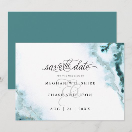 Save The Date Agate de mousse aquarelle sarcelle moderne Barefoo (Devant / Derrière)