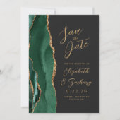 Save The Date Agate Emerald Green Gold Script Mariage foncé Enre (Devant)