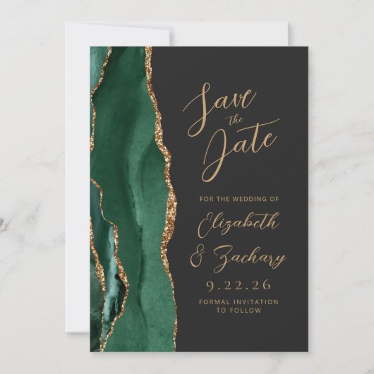 Save The Date Agate Emerald Green Gold Script Mariage foncé Enre (Devant)