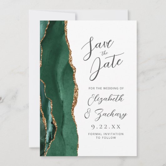 Save The Date Agate Emerald Green Gold Script Wedding (Devant)