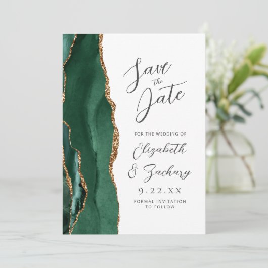 Save The Date Agate Emerald Green Gold Script Wedding (Debout devant)
