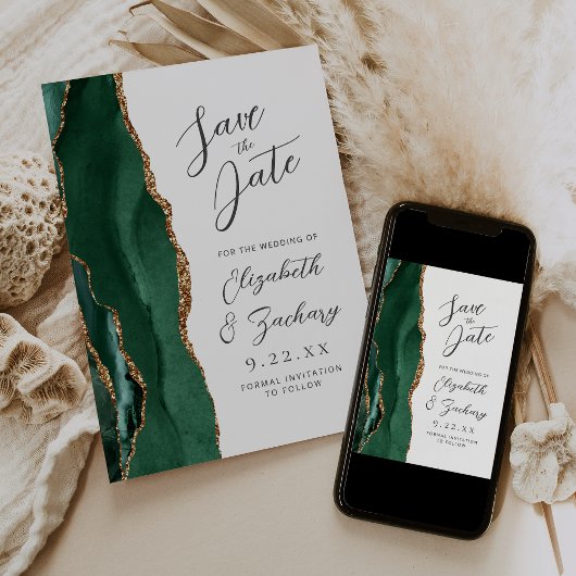 Save The Date Agate Émeraude Vert Or Mariage Script