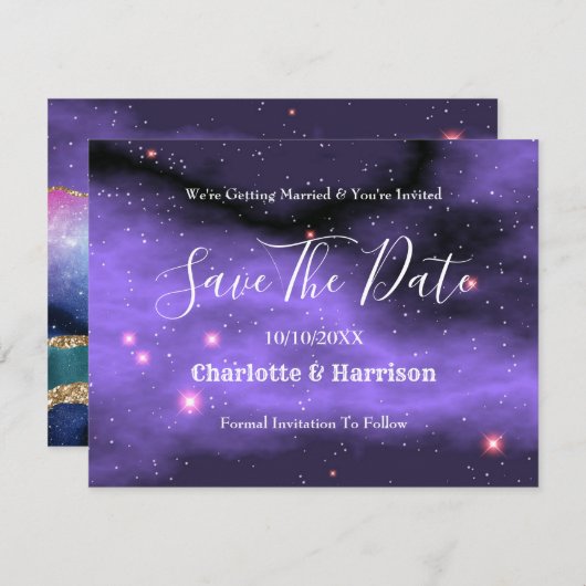 Save The Date Agate Marbre Cosmique Or Purple Turquoise Mariage (Devant / Derrière)