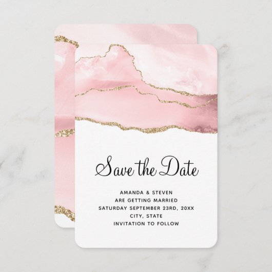 Save The Date Agate rose vierge avec ruban doré mariage élégant (Devant / Derrière)