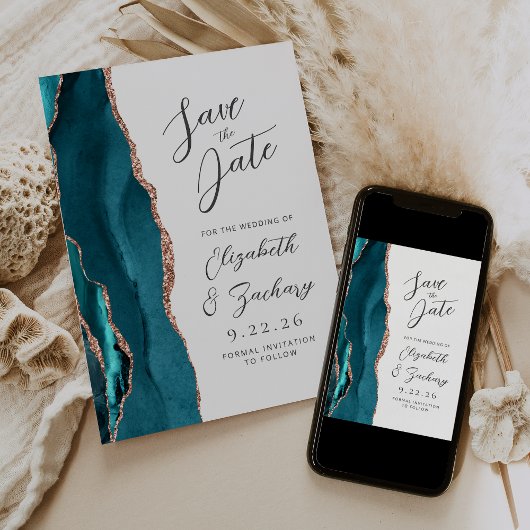 Save The Date Agate Teal Rose Gold Modern Script Wedding