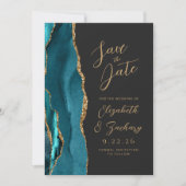 Save The Date Agate Turquoise Blue Gold Script Dark Mariage (Devant)