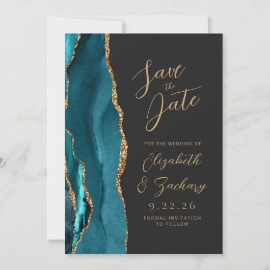 Save The Date Agate Turquoise Blue Gold Script Dark Mariage (Devant)