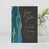 Save The Date Agate Turquoise Blue Gold Script Dark Mariage (Debout devant)