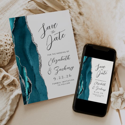 Save The Date Agate Turquoise Silver Modern Script Mariage