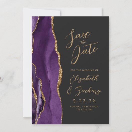 Save The Date Agate violet or moderne Script Mariage foncé (Devant)