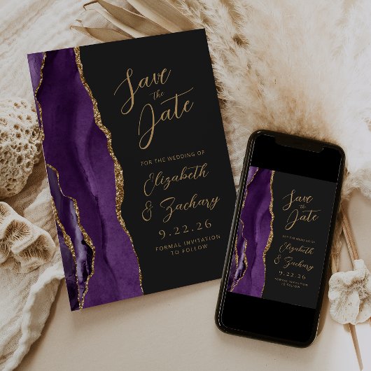 Save The Date Agate violet or moderne Script Mariage foncé