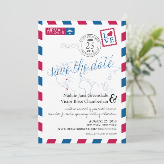 Save The Date Airmail Heart New York et Colombie Enregistrer la  (Debout devant)
